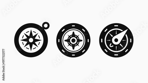 Three compass icons in black, each with a different internal design, on a white background