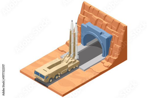Isometric ballistic missile launcher emerging from a mountain tunnel in a desert military base. Mobile rocket system and underground shelter defense mobility, strategic deployment and weapon readiness
