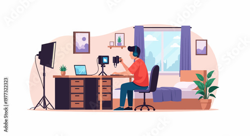 Man Streaming on Computer at Home Office.