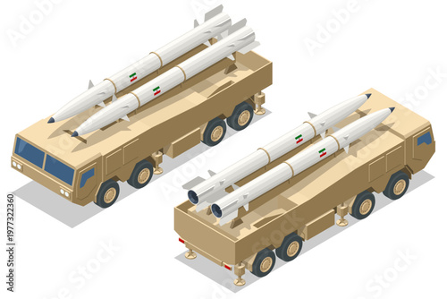 Isometric mobile missile launcher truck with two ballistic rockets on a military platform. Strategic defense concept shows transport vehicle, weapon system, army technology and tactical battlefield