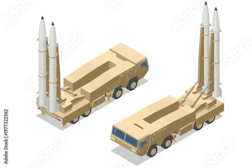 Isometric missile launcher vehicle with two ballistic rockets in vertical firing position and transport mode. Desert military equipment mobile weapon platform, strategic defense, missile launches