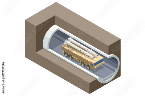 Isometric ballistic missile launcher emerging from a mountain tunnel in a military base. Mobile rocket system and underground shelter defense mobility, strategic deployment and weapon readiness.