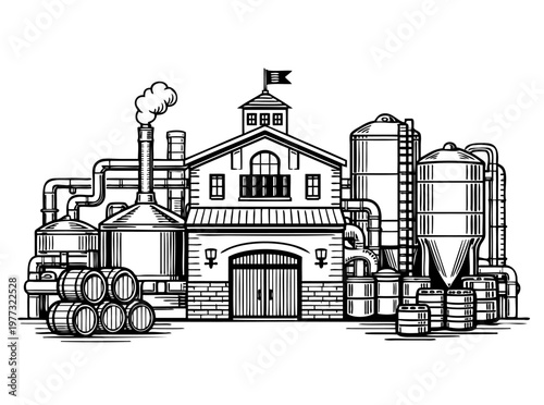 Detailed line art brewery building with barrels, pipes and tanks. Vintage industrial architecture with beer production elements. Vector black ink engraving illustration, craft beer factory