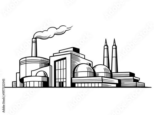 Hand drawn industrial power plant with chimneys and reactors. Vintage line art scene with heavy industry architecture. Vector black ink illustration, energy sector concept for editorial