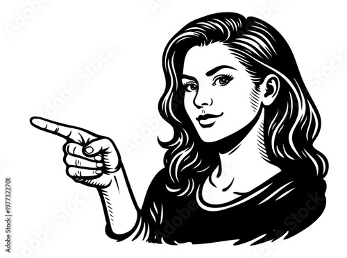 Hand drawn portrait of woman pointing to the side. Expressive gesture with confident look in vintage line art style. Vector black ink illustration, direction and choice concept for advertising, UI