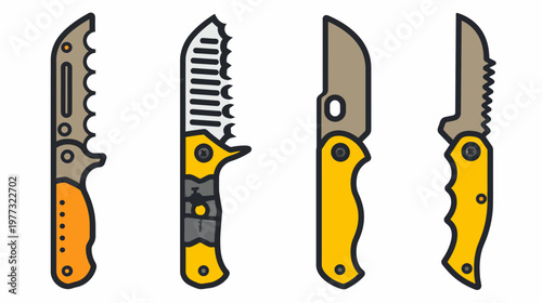 Four cartoon folding knives with serrated blades and vibrant yellow handles on a white background