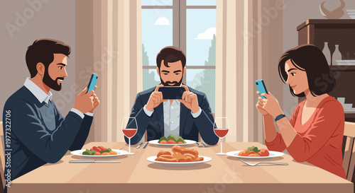 Three People Using Mobile Phones During Meal.
