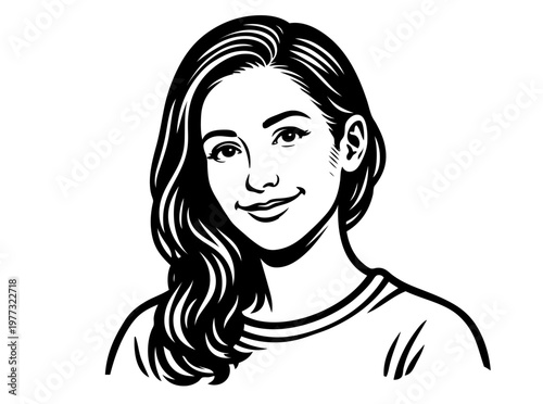 Engraving style portrait of smiling young woman. Clean detailed face with soft expression in classic black ink line work. Vector illustration, beauty, lifestyle and identity concept for branding