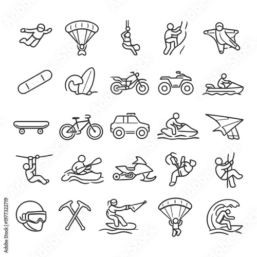 Outline illustrations of extreme sports and outdoor activities.