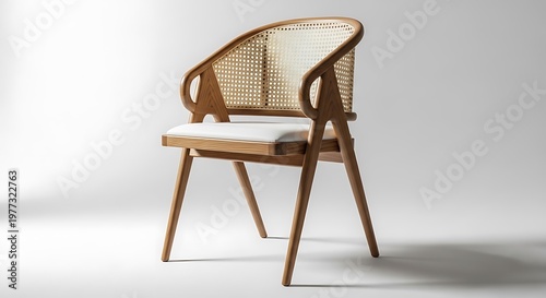 A stylish wooden chair with a woven cane backrest and comfortable seat cushion for home decor
