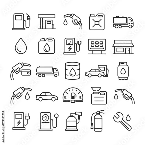 Petrol and diesel icon set: fuel pump, gas station, electric charging, and more.