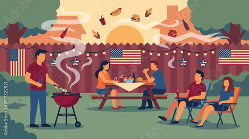 Summer Backyard BBQ Party with Friends and American Flags