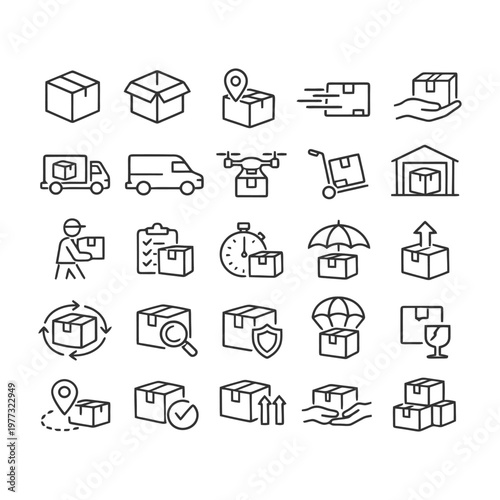 Collection of delivery and shipping icons: boxes, vehicles, and tracking elements.