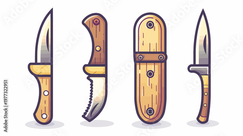 Cartoon drawing of four knives with wooden handles and metal blades on white