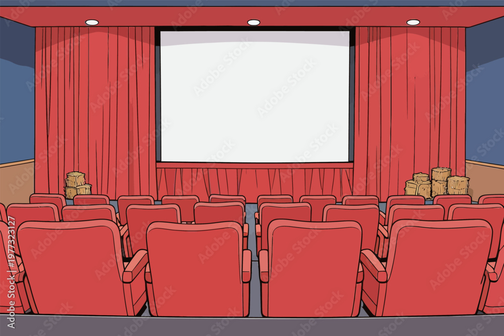 Fototapeta premium Empty Cinema Hall with Red Seats and Curtains