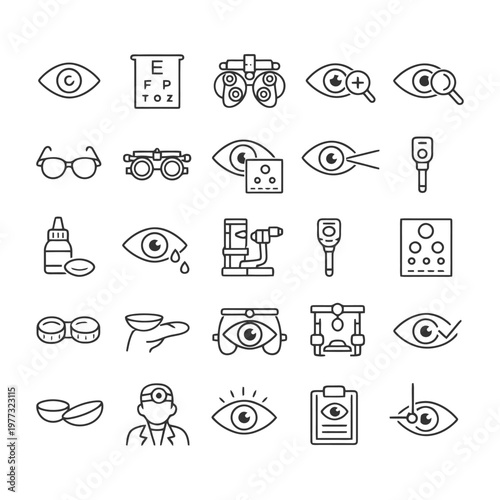 Eye care icons set including glasses, contacts, eye chart, and exam tools.