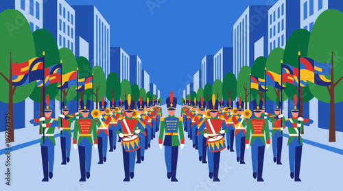 Colorful Festive Marching Band Parade Through Urban City Street