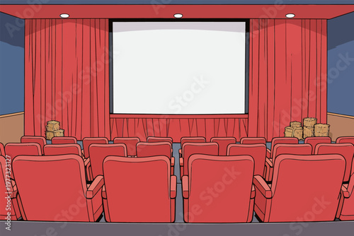 Empty Cinema Hall with Red Seats and Curtains