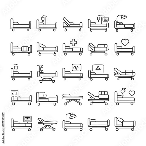 Collection of hospital bed icons with medical equipment and heart symbols.