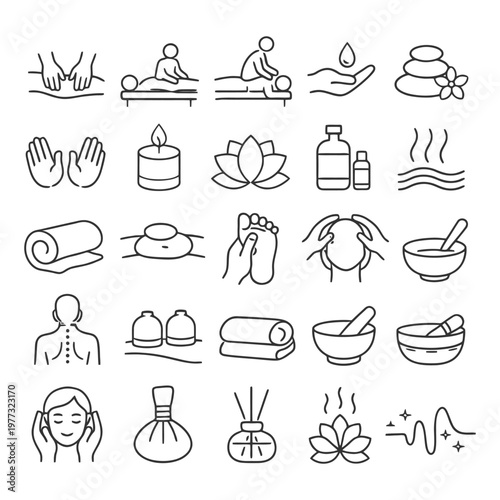Relaxation and wellness icons: spa, massage, aromatherapy symbols for mindful self-care.