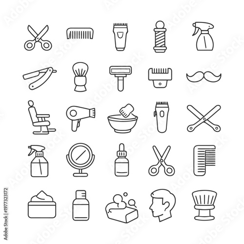 Barber shop icon set: scissors, comb, clippers, shaving tools, hair care essentials.