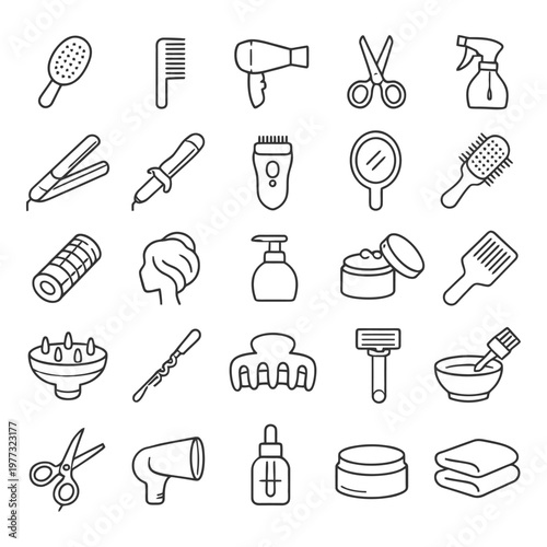 Essential hair styling tools collection in outline icons.