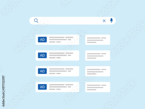 Search engine results page interface with search bar and advertisement cards. Vector illustration of digital marketing, paid search ads, and web browser navigation. Vector Illustration.