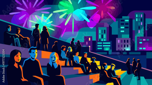 Crowd watching colorful fireworks over city skyline illustration