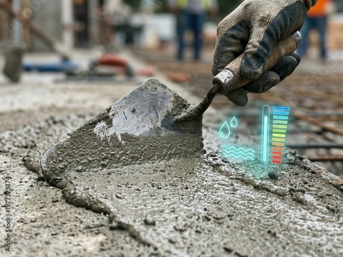 Holographic level and progress indicator on wet concrete