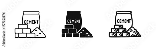 Cement bag and bricks icon set. Outline, silhouette, and hand-drawn doodle styles. Building materials icon set.