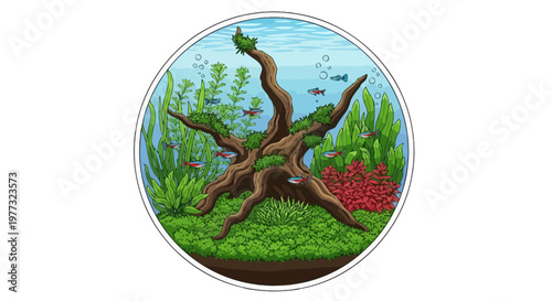 Aquascape Design: Underwater Forest with Driftwood and Small Fish