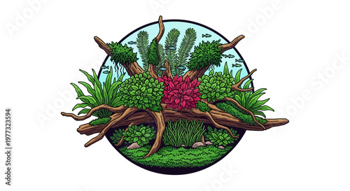 Aquascaping Nature Scene with Driftwood and Lush Greenery