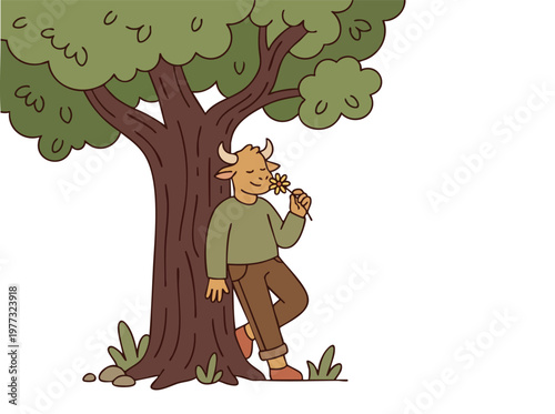 Anthropomorphic Bull Character Enjoying Natures Fragrance.