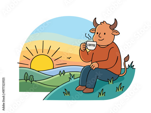 Anthropomorphic bull enjoying coffee at sunrise.