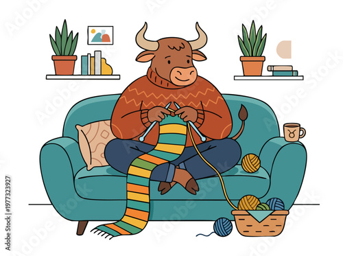 Anthropomorphic bull knitting a colorful scarf on a sofa.