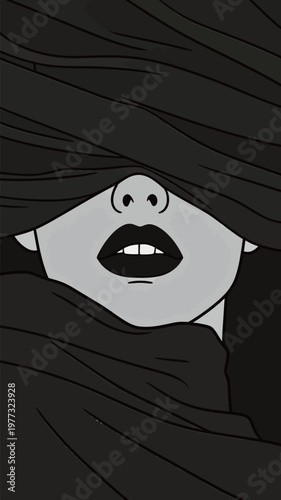 Monochrome Woman with Veil Covering Face Illustration
