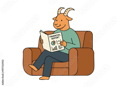 Anthropomorphic Goat Character Reading Financial Report in Armchair 1.
