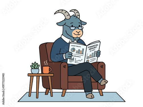 Anthropomorphic Goat Character Reading Financial Report in Armchair.