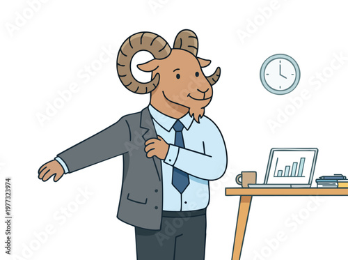 Anthropomorphic Ram Character Getting Dressed for Work.