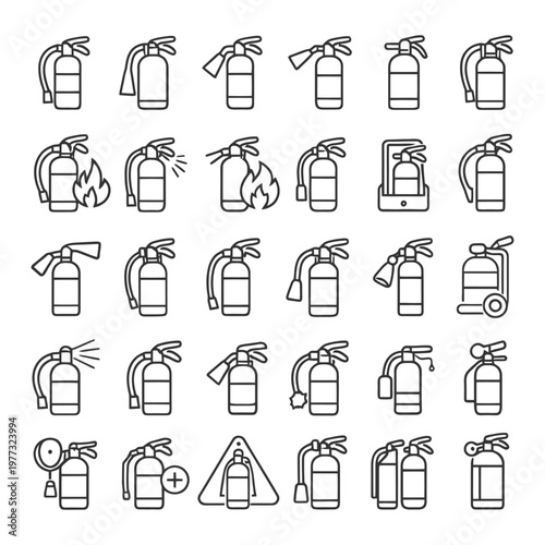 Collection of fire extinguisher icons in various styles and designs.