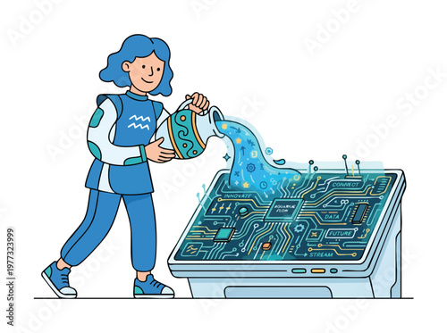 Aquarius zodiac sign pouring water onto computer motherboard.