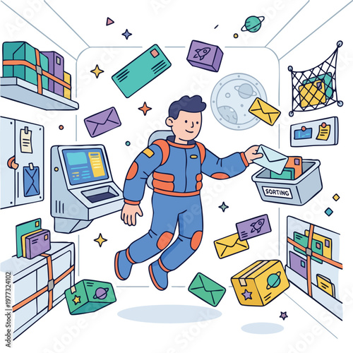 Astronaut Delivering Mail in Zero Gravity Space Station.