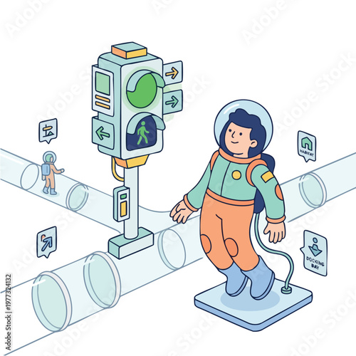 Astronaut exploring futuristic traffic control system.
