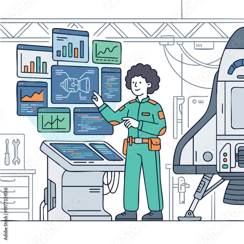 Astronaut Explaining Space Mission Data on Futuristic Screens.