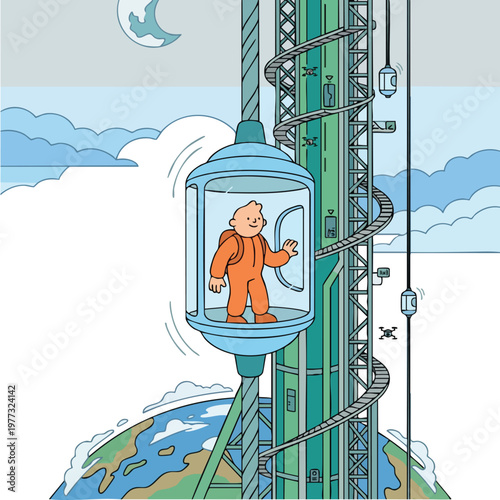Astronaut in futuristic elevator ascending towards space.