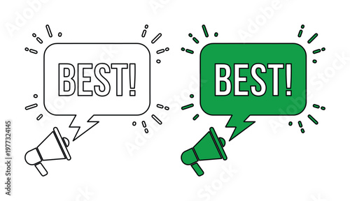 Best! Speech Bubbles with Megaphone Icons, Vector Set. Bold Typography for Sale Announcements, Promotions, and Marketing Campaigns. Green and Outline Styles.