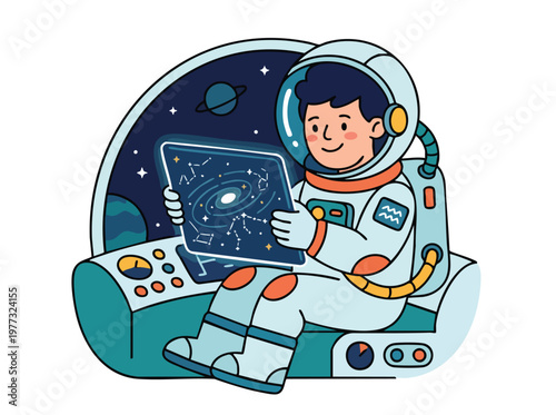Astronaut exploring galaxy on futuristic tablet.