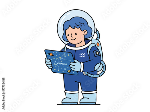 Astronaut holding a tablet with zodiac constellations.