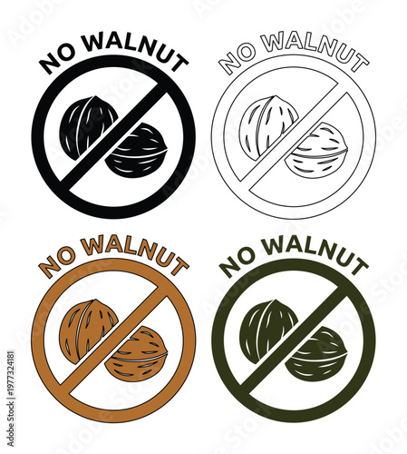 No Walnut Icons Set, Allergy Warning Symbols, Food Intolerance Graphics, Allergen Free Labels, Vector Illustrations