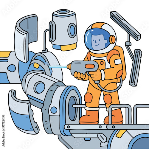 Astronaut Operating Advanced Space Station Equipment with Laser Tool.